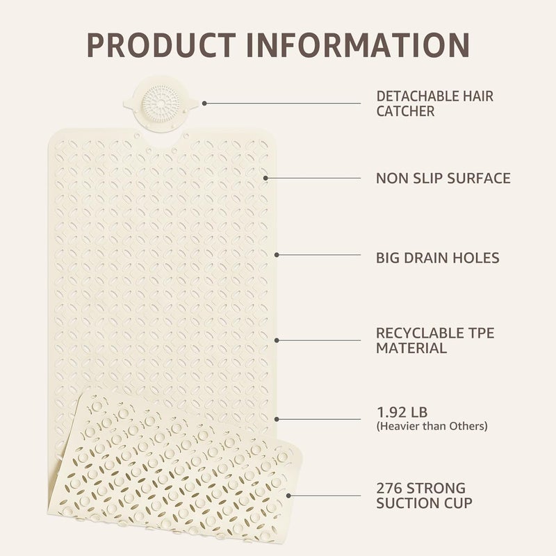 OTHWAY Bath Mat for Tub Non Slip: 39" X 17" Long Bathtub Mat with Hair Catcher│Big Drain Holes Shower Mats for Inside Shower│Machine Washable (Beige) - Image 4